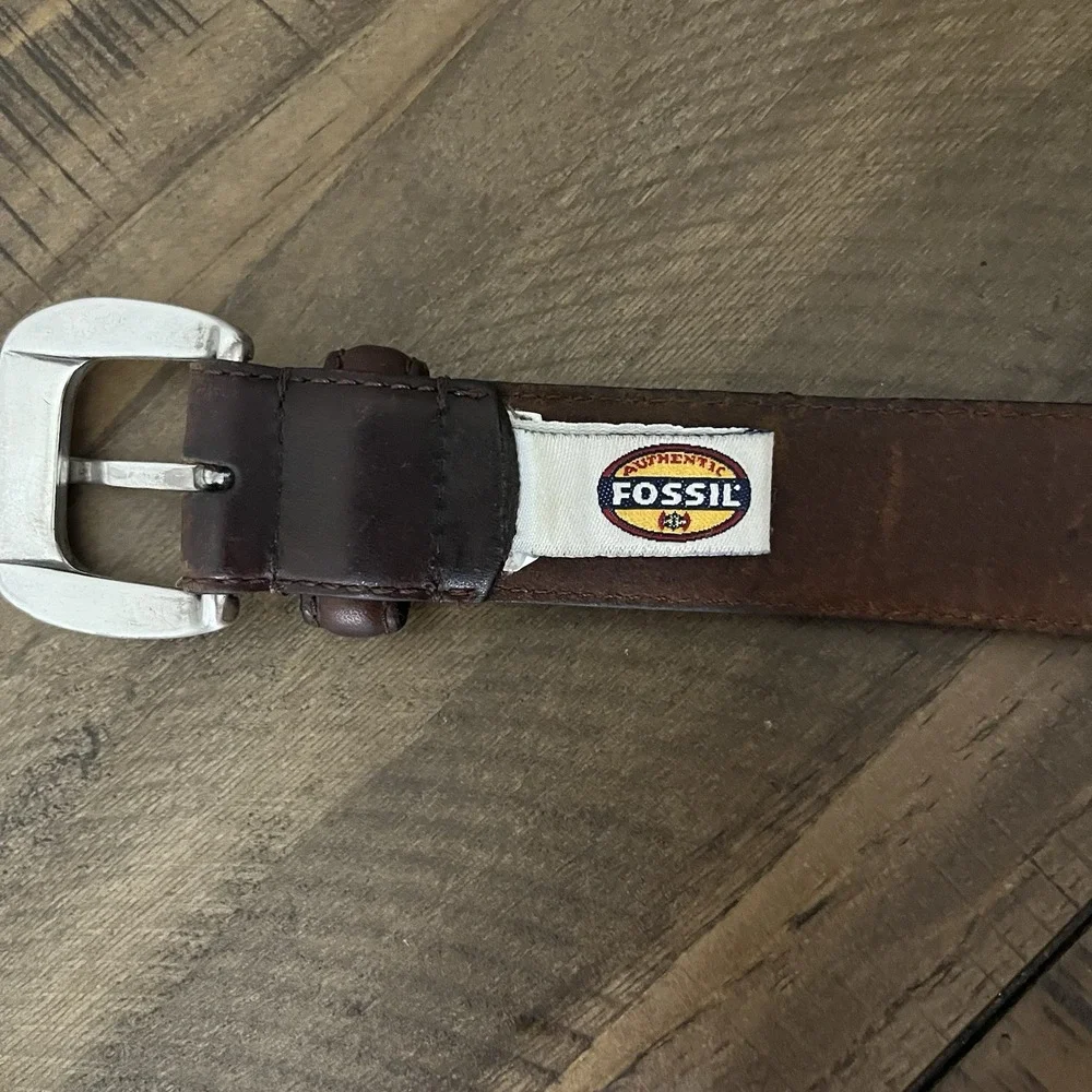 Vtg FOSSIL Brown Leather Belt Silver‎ Buffalo Yellowstone Concho Men's 34